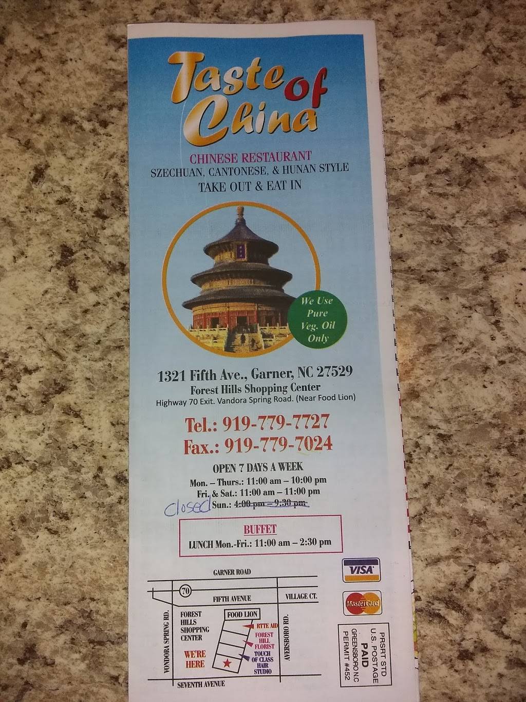 Taste of China | restaurant | 1321 5th Ave, Garner, NC 27529, USA | 9197797727 OR +1 919-779-7727