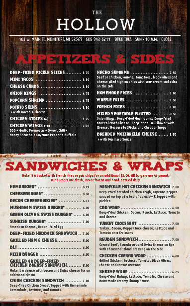 The Hollow Bar & Grill | restaurant | 102 W Main St, Montfort, WI 53569, USA | 6089436211 OR +1 608-943-6211