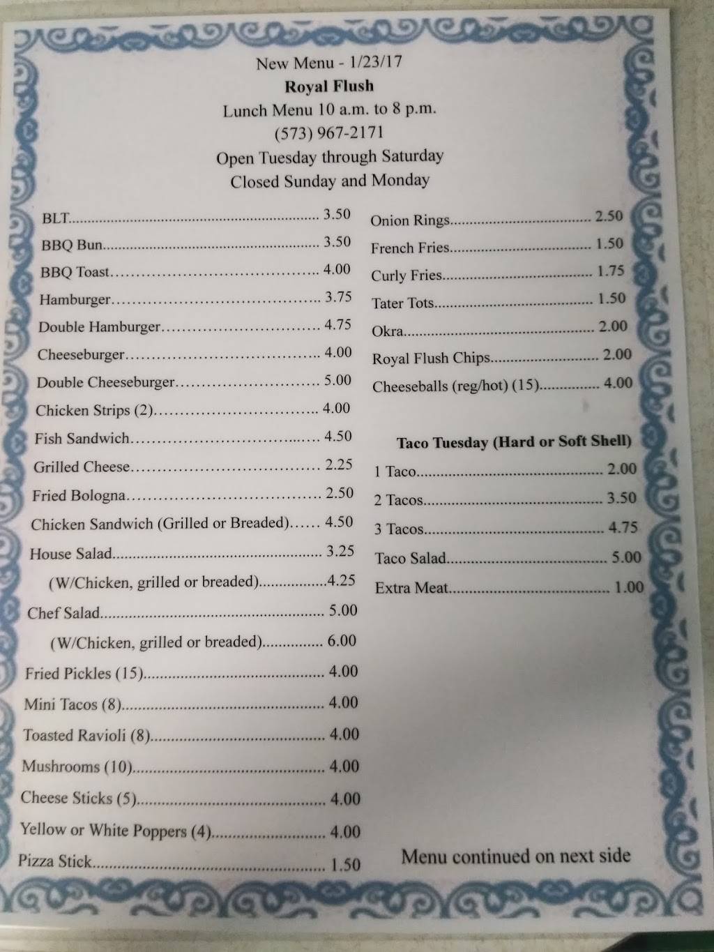 The Royal Flush | restaurant | 707 1st street, Fisk, MO 63940, USA | 5739672171 OR +1 573-967-2171