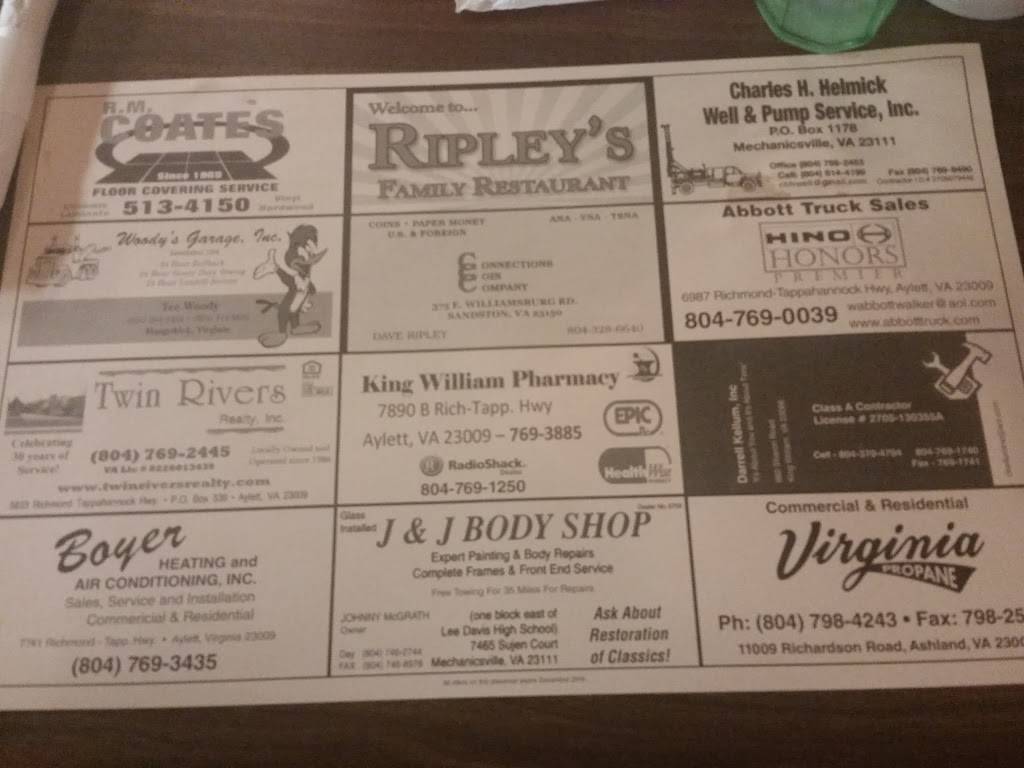 Ripley’s Family Restaurant | restaurant | 694-M Sharon Rd, King William, VA 23086, USA | 8047691988 OR +1 804-769-1988