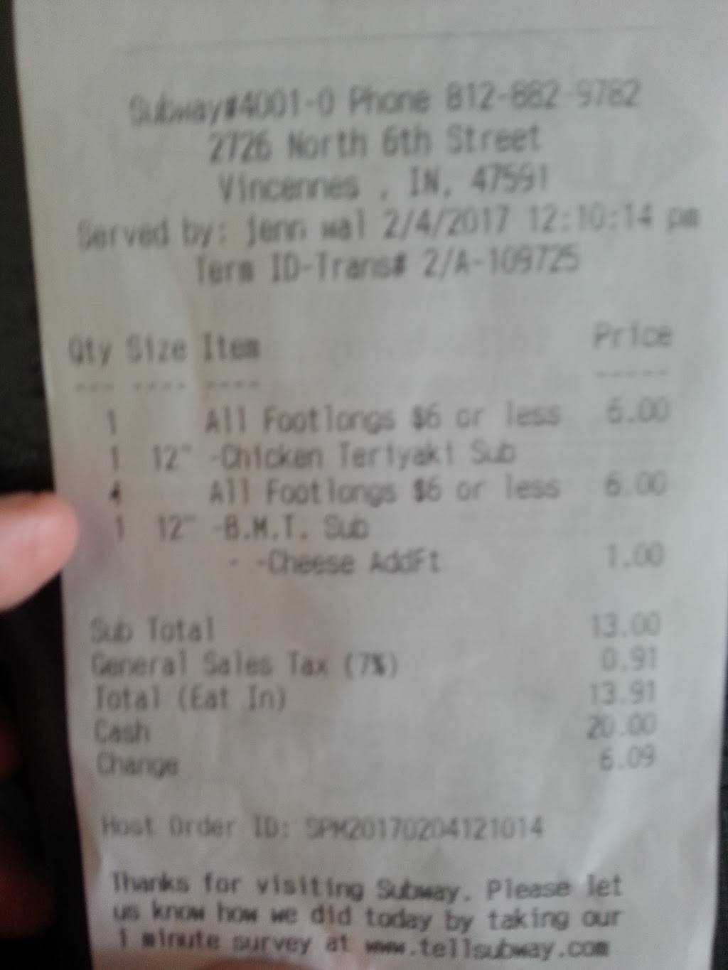Subway | restaurant | 2726 N 6th St, Vincennes, IN 47591, USA | 8128829782 OR +1 812-882-9782