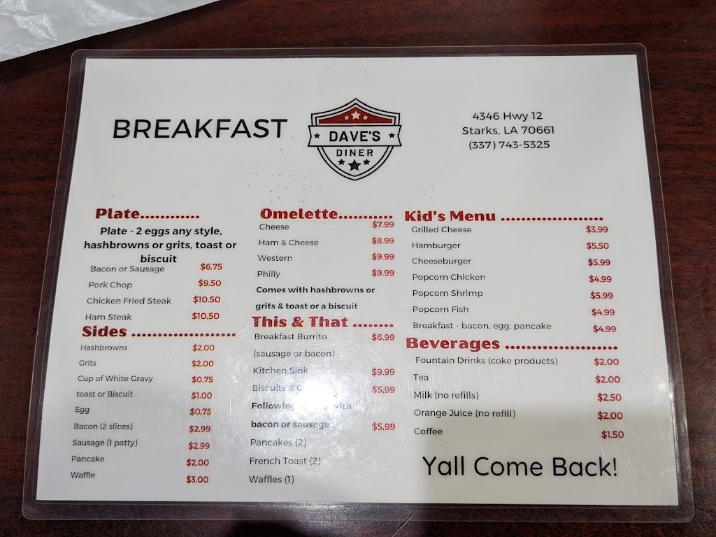 Daves Diner | restaurant | 4346 LA-12, Starks, LA 70661, USA | 3377435454 OR +1 337-743-5454