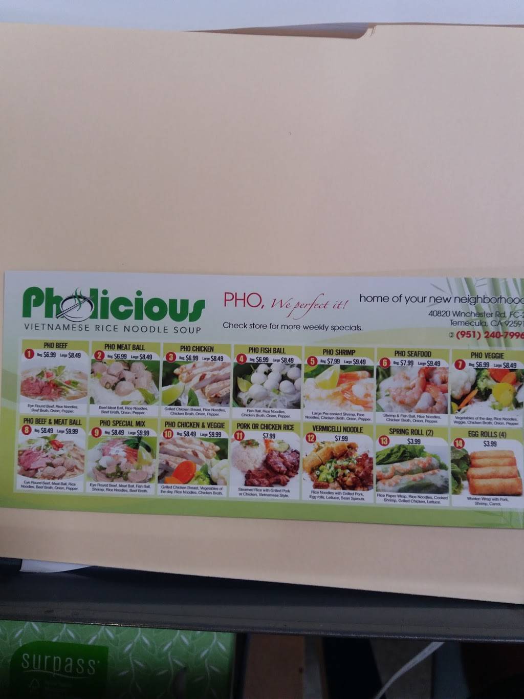 Pholicious | restaurant | 5504, 40640 Winchester Rd, Temecula, CA 92591, USA | 9514012200 OR +1 951-401-2200