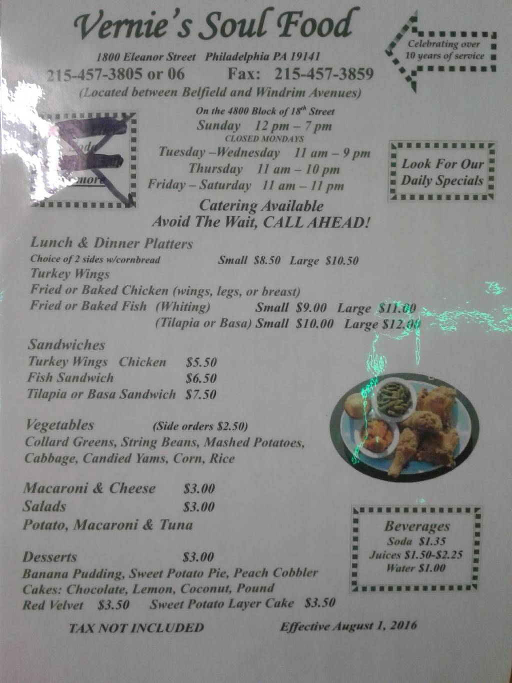 Vernies Soul Food Inc | meal takeaway | 1800 W Eleanor St, Philadelphia, PA 19141, USA | 2154573805 OR +1 215-457-3805