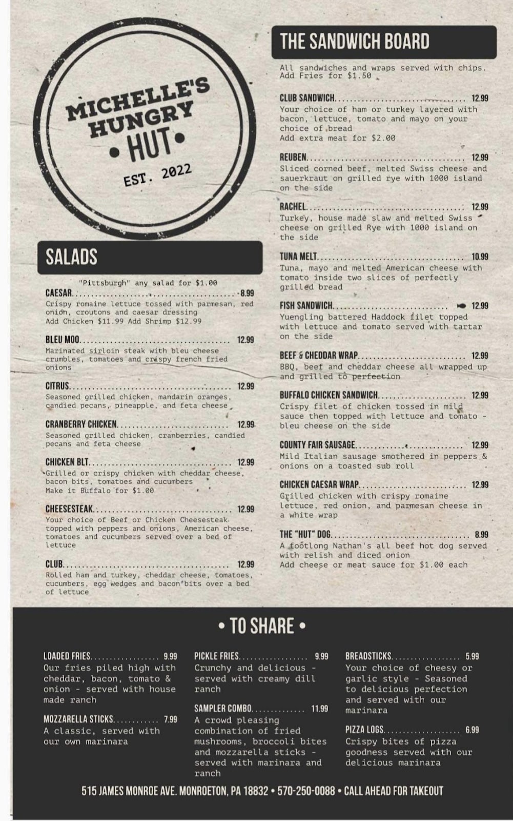 Michelle’s Hungry Hut | restaurant | 515 James Monroe Ave, Monroe, PA 18832, USA | 5702500088 OR +1 570-250-0088