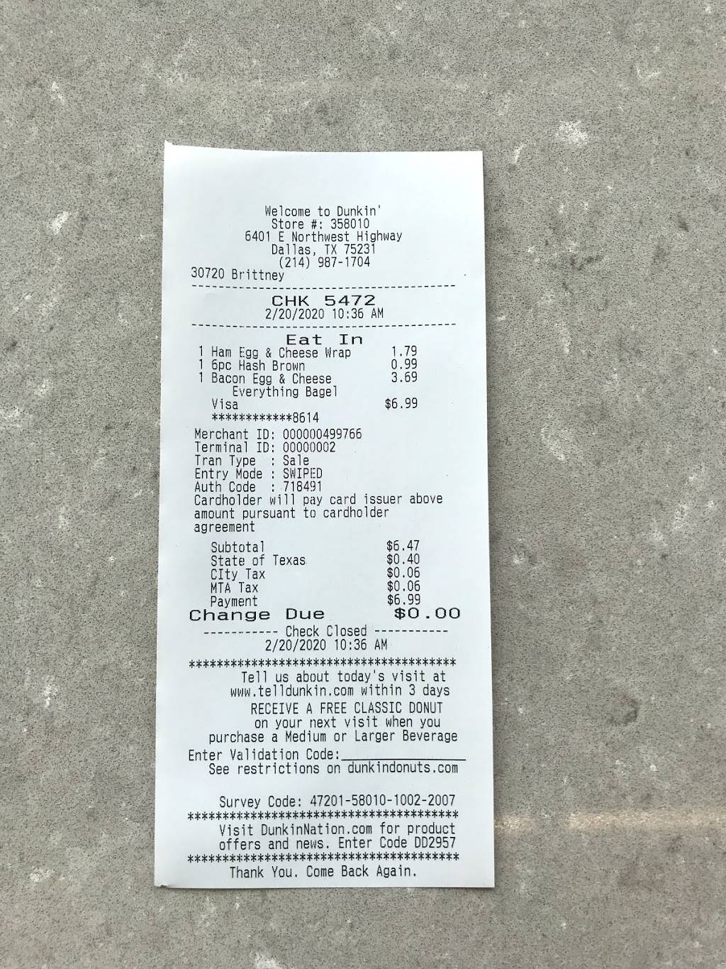 Dunkin | bakery | 6401 E NW Hwy, Dallas, TX 75231, USA | 2149871704 OR +1 214-987-1704