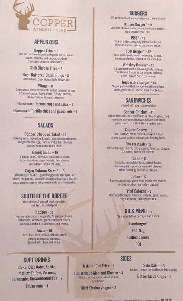 Copper Athletic Club | restaurant | 133 W Michigan Ave, Marshall, MI 49068, USA | 2695588222 OR +1 269-558-8222