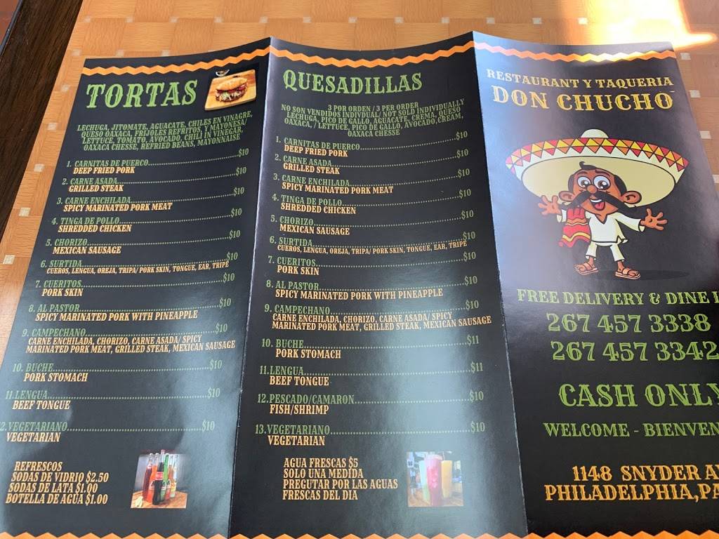 Don Chucho Restaurant y Taqueria | restaurant | 1148 S, Snyder Ave, Philadelphia, PA 19148, USA | 2674573338 OR +1 267-457-3338
