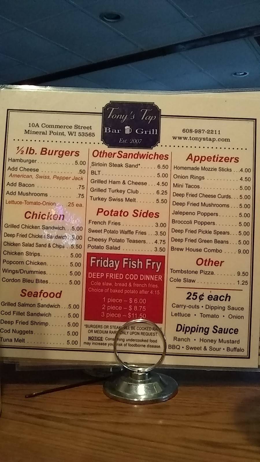 Tonys Tap | restaurant | 10 Commerce St # A, Mineral Point, WI 53565, USA | 6089872211 OR +1 608-987-2211