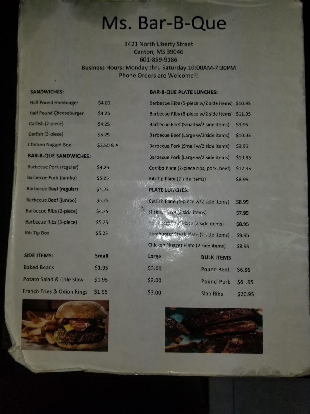 Ms Bar-B-Que | restaurant | 3421 N Liberty St, Canton, MS 39046, USA | 6018599186 OR +1 601-859-9186