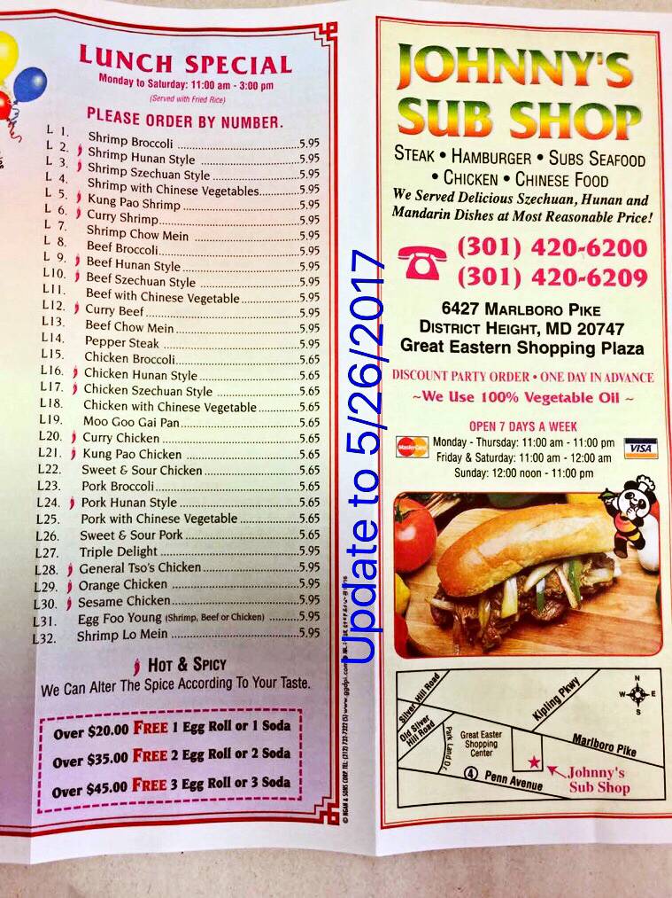 Johnnys Sub Shop | meal takeaway | 6427 Marlboro Pike, District Heights, MD 20747, USA | 3014206200 OR +1 301-420-6200