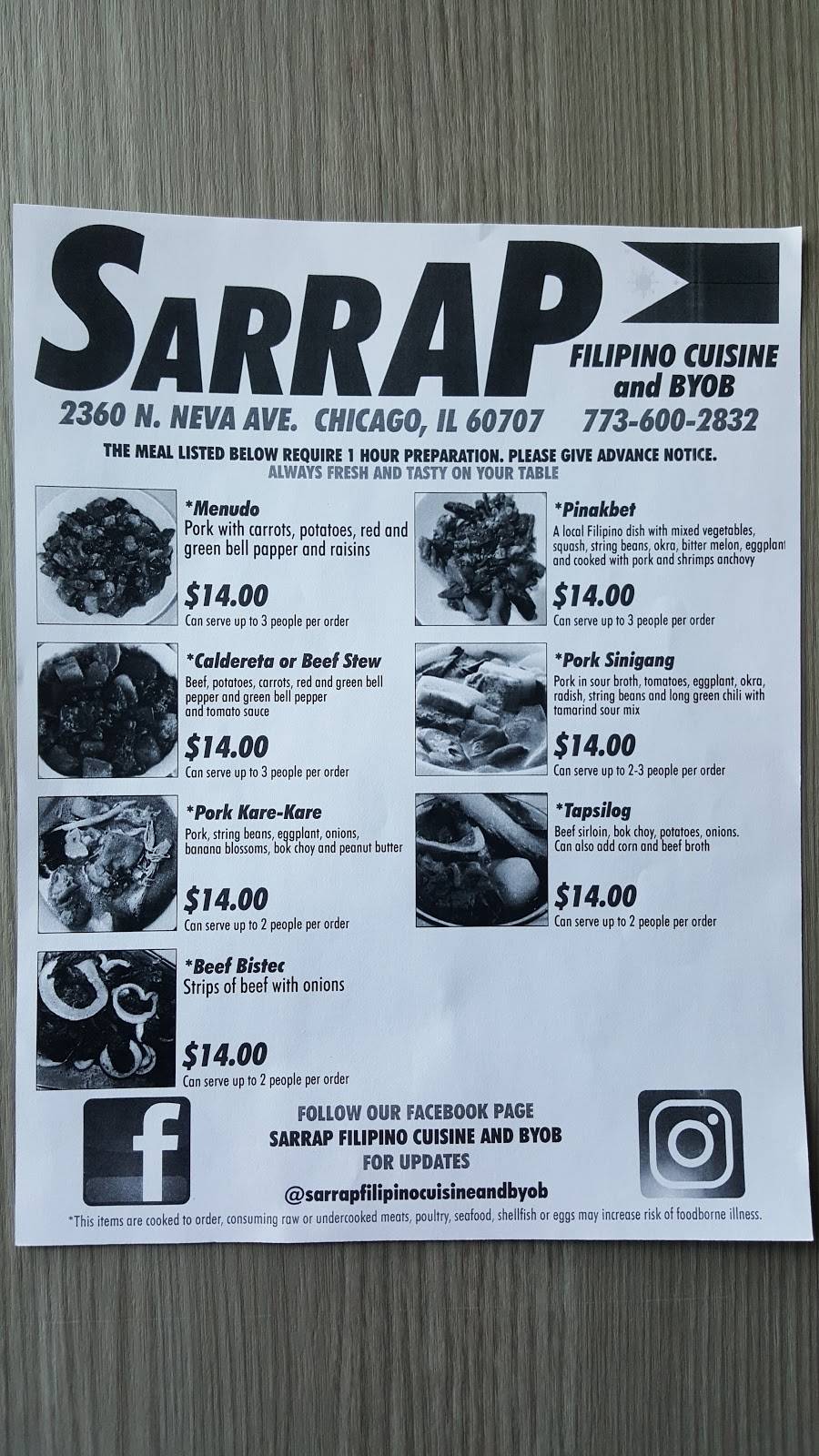 Sarrap Filipino Cuisine and BYOB | restaurant | 2360 N Neva Ave, Chicago, IL 60707, USA | 7736002832 OR +1 773-600-2832