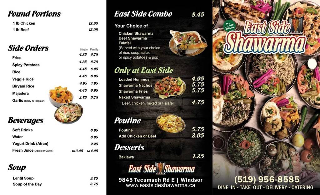 East Side Shawarma | restaurant | 9845 Tecumseh Rd E, Windsor, ON N8R 1A5, Canada | 5199568585 OR +1 519-956-8585