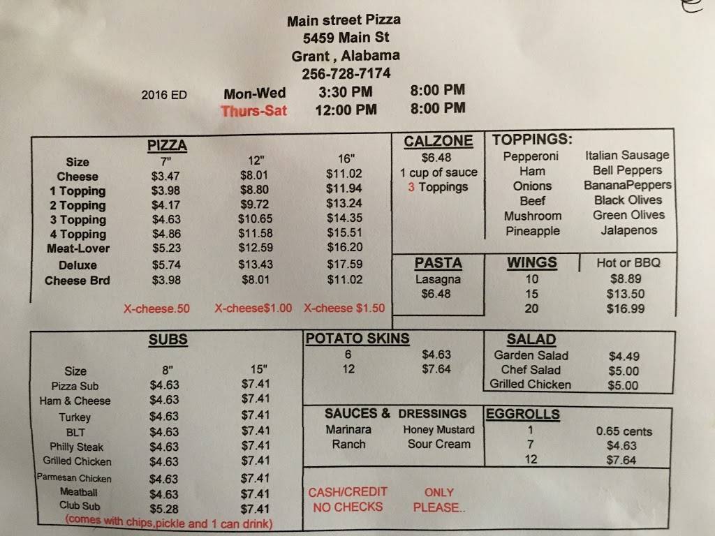 Main Street Pizza | restaurant | 5459 Main St, Grant, AL 35747, USA | 2567287174 OR +1 256-728-7174