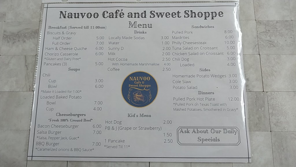 Nauvoo Cafe and Sweet Shoppe | restaurant | 1530 Mulholland St, Nauvoo, IL 62354, USA | 2179801095 OR +1 217-980-1095