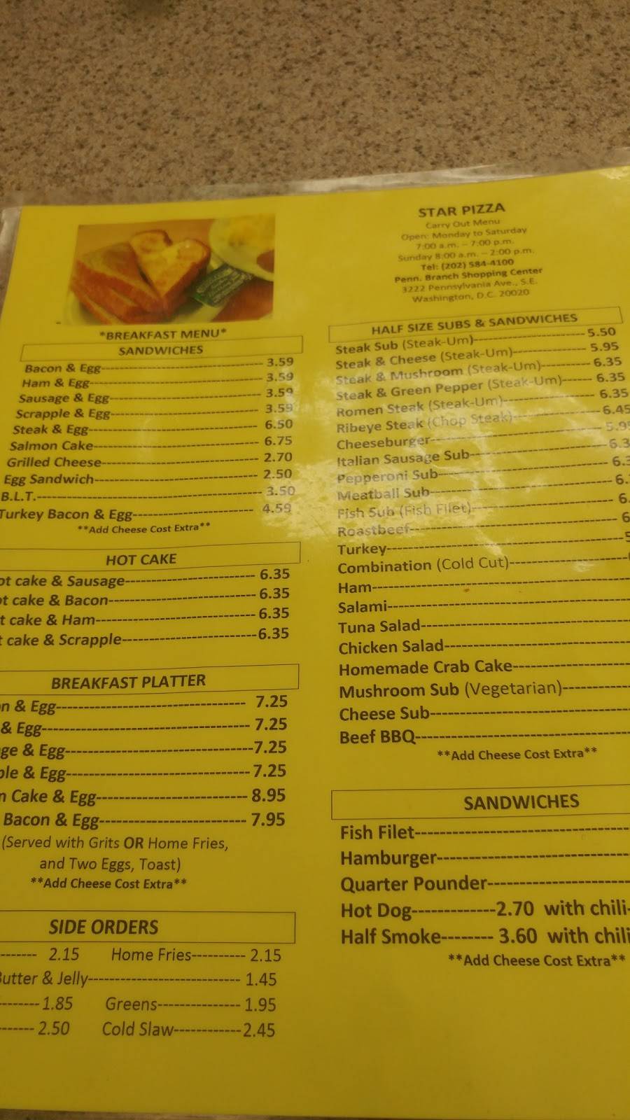 Star Pizza Restaurant Carryout | restaurant | 3222 Pennsylvania Ave SE, Washington, DC 20020, USA | 2025844100 OR +1 202-584-4100