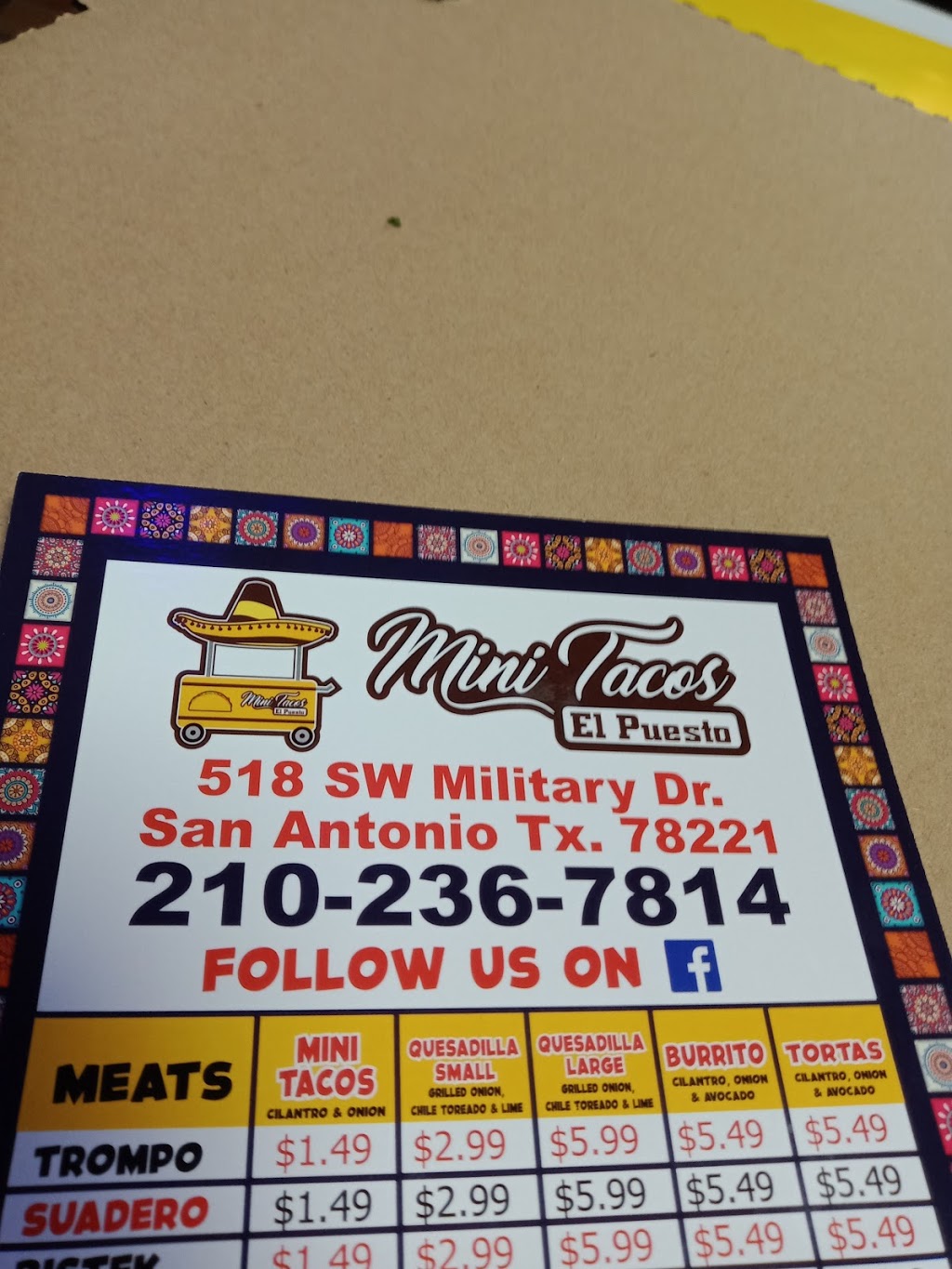 Mini Tacos El Puesto | restaurant | 518 SW Military Dr, San Antonio, TX 78221, USA | 2102367814 OR +1 210-236-7814
