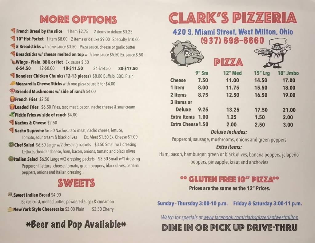 Clarks Pizzeria LLC | restaurant | 420 S Miami St, West Milton, OH 45383, USA | 9376986660 OR +1 937-698-6660