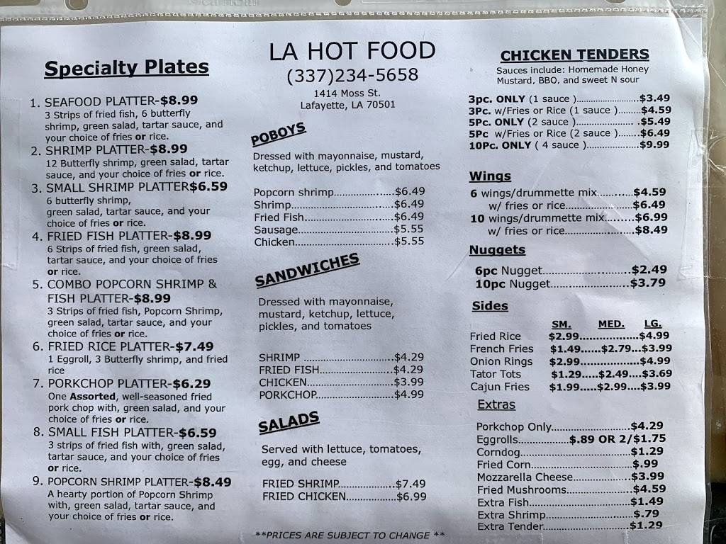 LA Hot Food | restaurant | 1414 Moss St, Lafayette, LA 70501, USA | 3372345658 OR +1 337-234-5658