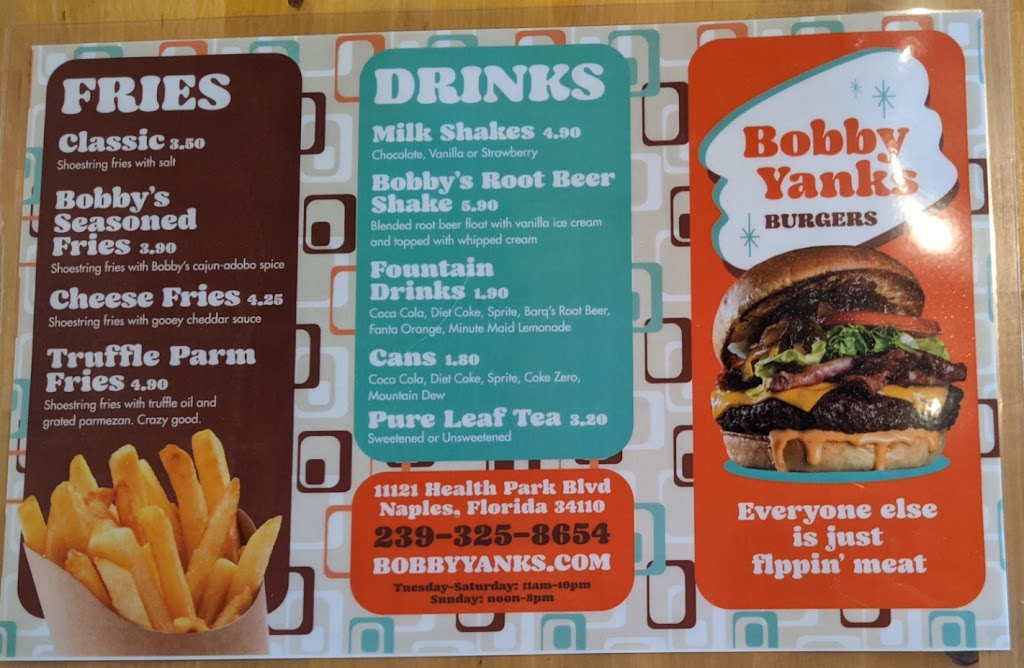 Bobby Yanks Burgers | restaurant | 11121 Health Park Blvd Suite 300, Naples, FL 34110, USA | 2393258654 OR +1 239-325-8654