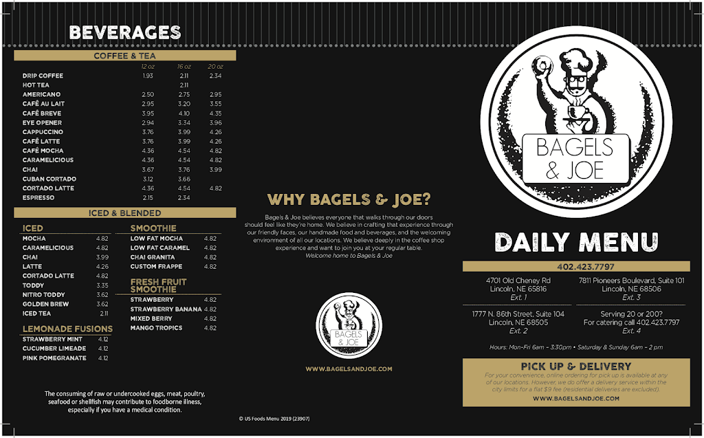 Bagels & Joe | bakery | 7811 Pioneers Blvd, Lincoln, NE 68506, USA | 40242377973 OR +1 402-423-7797 ext. 3
