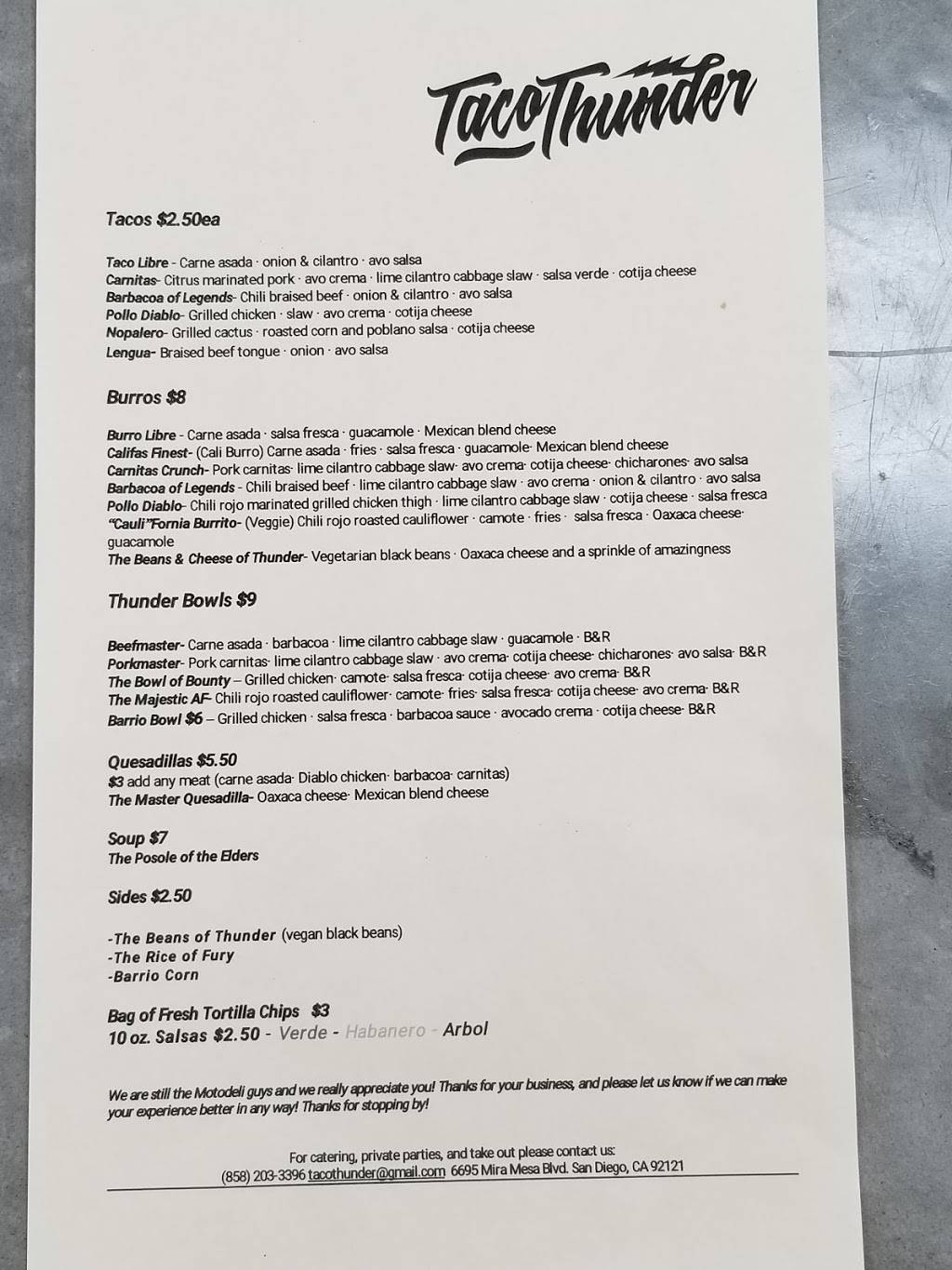 Taco Thunder | restaurant | 6695 Mira Mesa Blvd, San Diego, CA 92121, USA | 8582033396 OR +1 858-203-3396