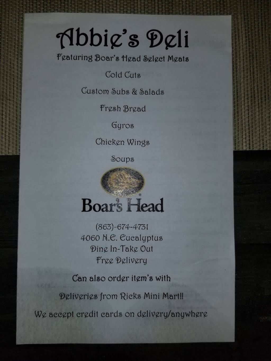 Abbies Deli LLC | meal takeaway | 4060 NE Eucalyptus Blvd, LaBelle, FL 33935, USA | 8636744731 OR +1 863-674-4731