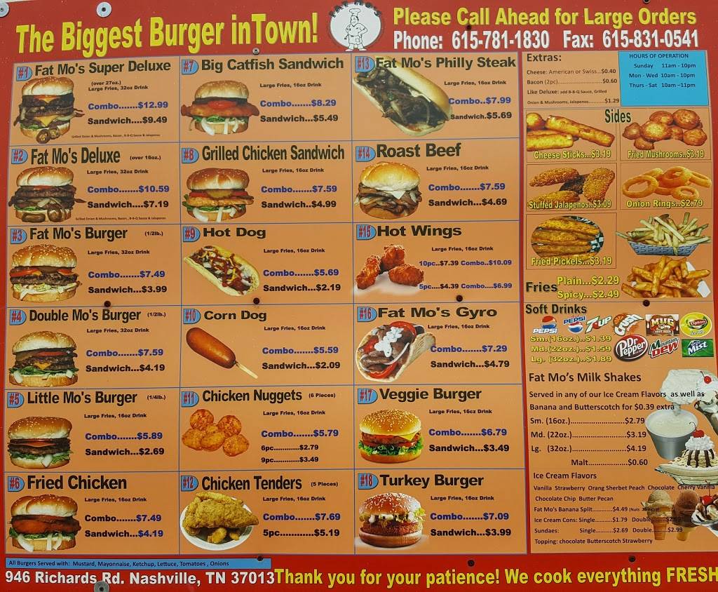 Fat Mos Burgers | restaurant | 946 Richards Rd, Antioch, TN 37013, USA | 6157811830 OR +1 615-781-1830