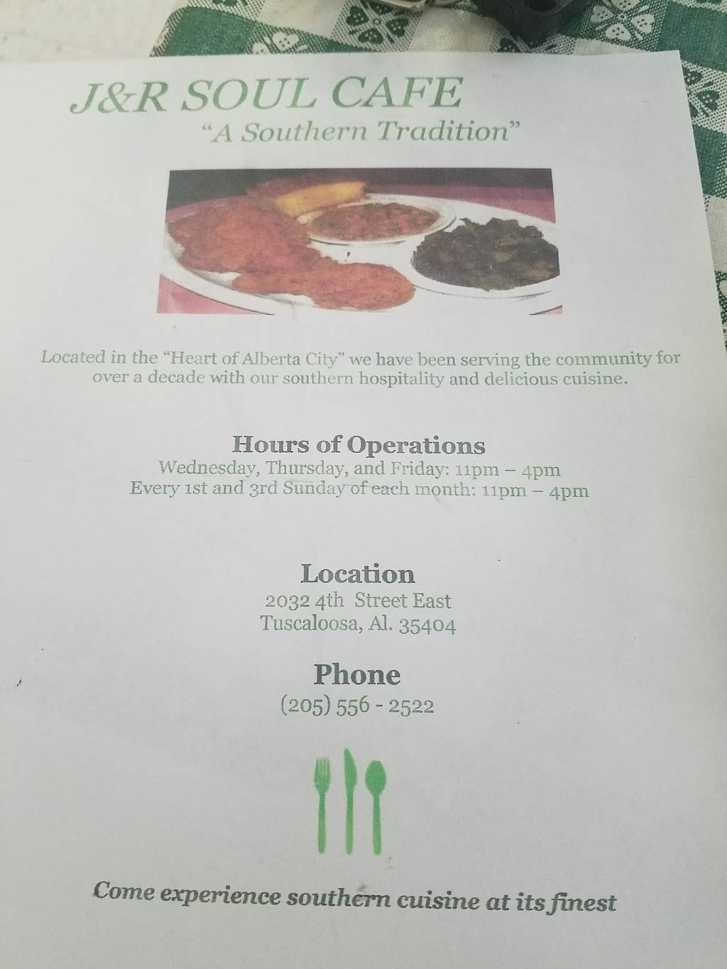 J & R Soul Cafe | cafe | 2032 4th St E, Tuscaloosa, AL 35404, USA | 2055562522 OR +1 205-556-2522