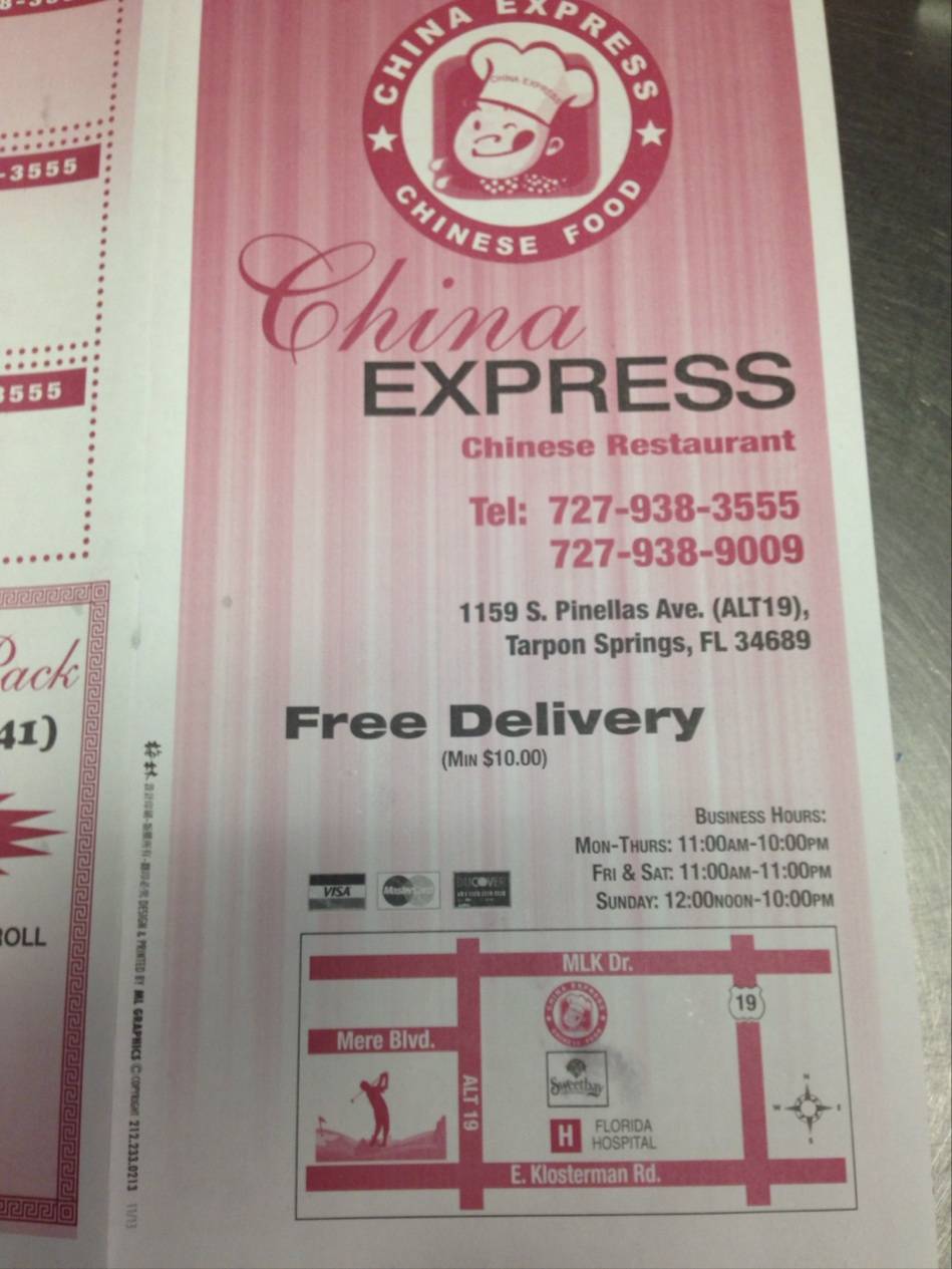 China Express | restaurant | 1159 S Pinellas Ave, Tarpon Springs, FL 34689, USA | 7279383555 OR +1 727-938-3555
