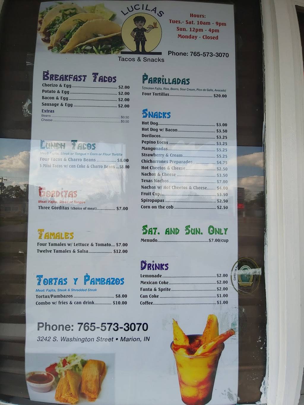 Lucilas tacos & snacks | restaurant | 3242 S Washington St, Marion, IN 46953, USA | 7655733070 OR +1 765-573-3070