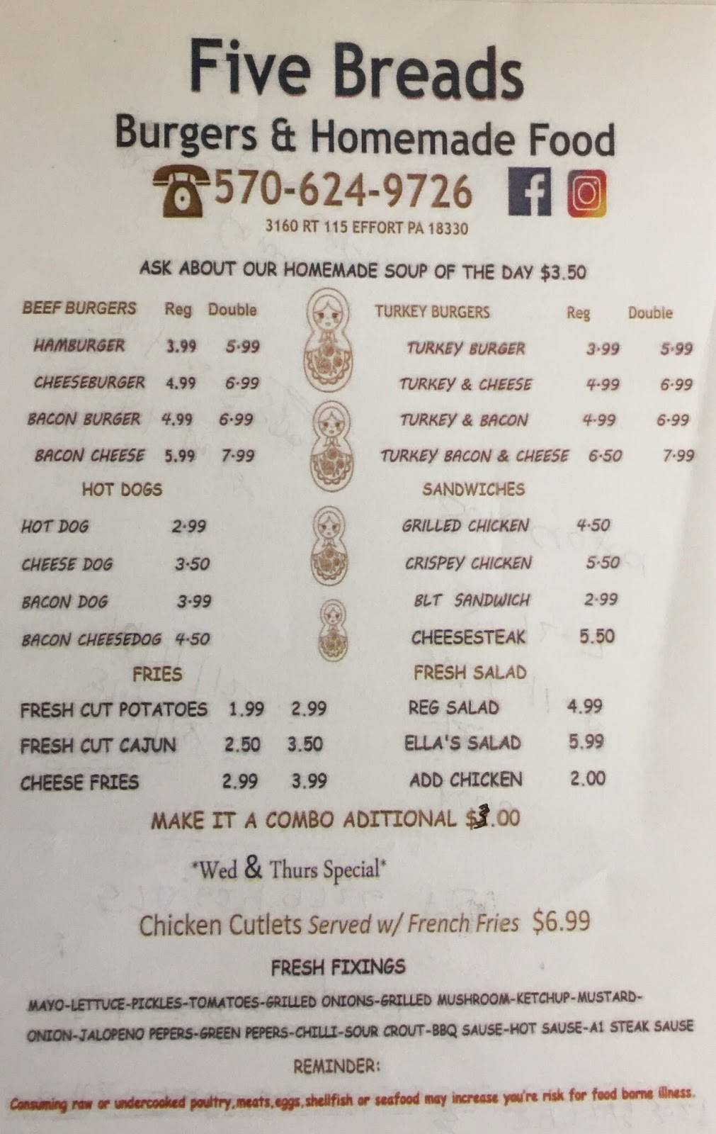 Five Breads Burgers & Homemade Food | restaurant | 3160 Route 115, Mt Effort Plaza, Effort, PA 18330, USA | 5706249726 OR +1 570-624-9726