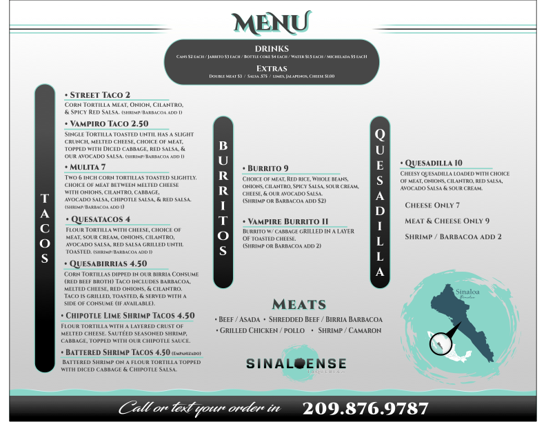 Sinaloense Taqueria 2.0 | restaurant | 3824 McHenry Ave, Modesto, CA 95356, USA | 2098769787 OR +1 209-876-9787
