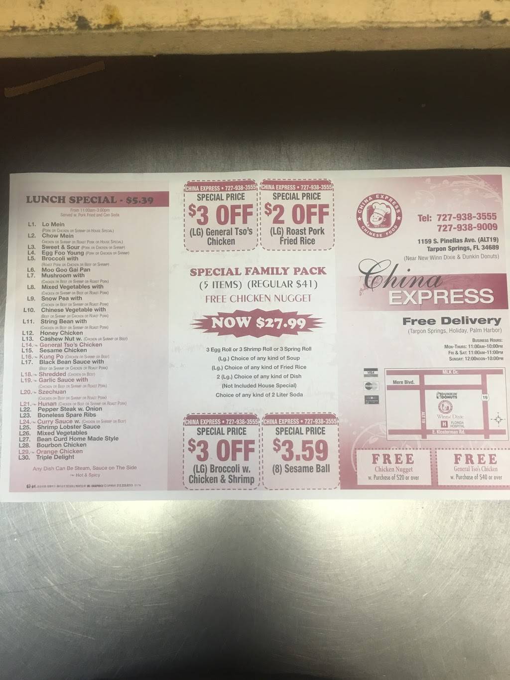 China Express | restaurant | 1159 S Pinellas Ave, Tarpon Springs, FL 34689, USA | 7279383555 OR +1 727-938-3555