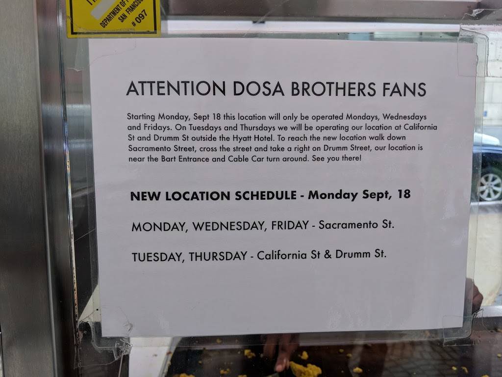 The Dosa Brothers: Embarcadero 1 | meal takeaway | 350 Sacramento St, San Francisco, CA 94111, USA | 4153436242 OR +1 415-343-6242