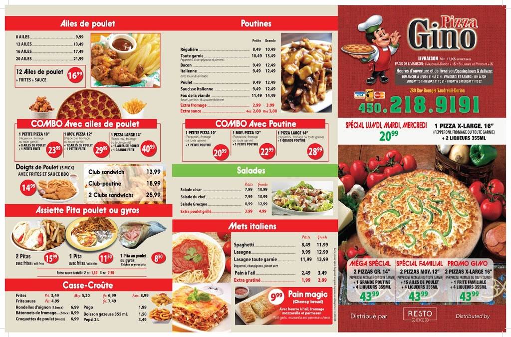 PIZZA GINO | restaurant | 280 Rue Bourget, Vaudreuil-Dorion, QC J7V 9K7, Canada | 4502189191 OR +1 450-218-9191