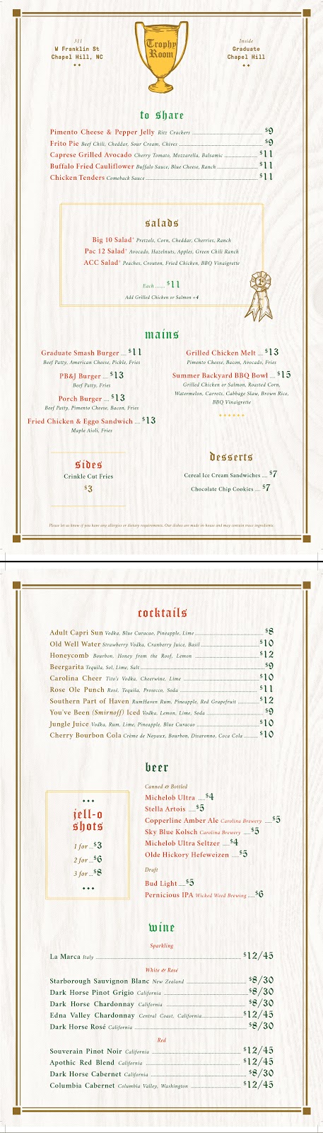 Trophy Room | restaurant | 311 W Franklin St, Chapel Hill, NC 27516, USA | 9194429000 OR +1 919-442-9000