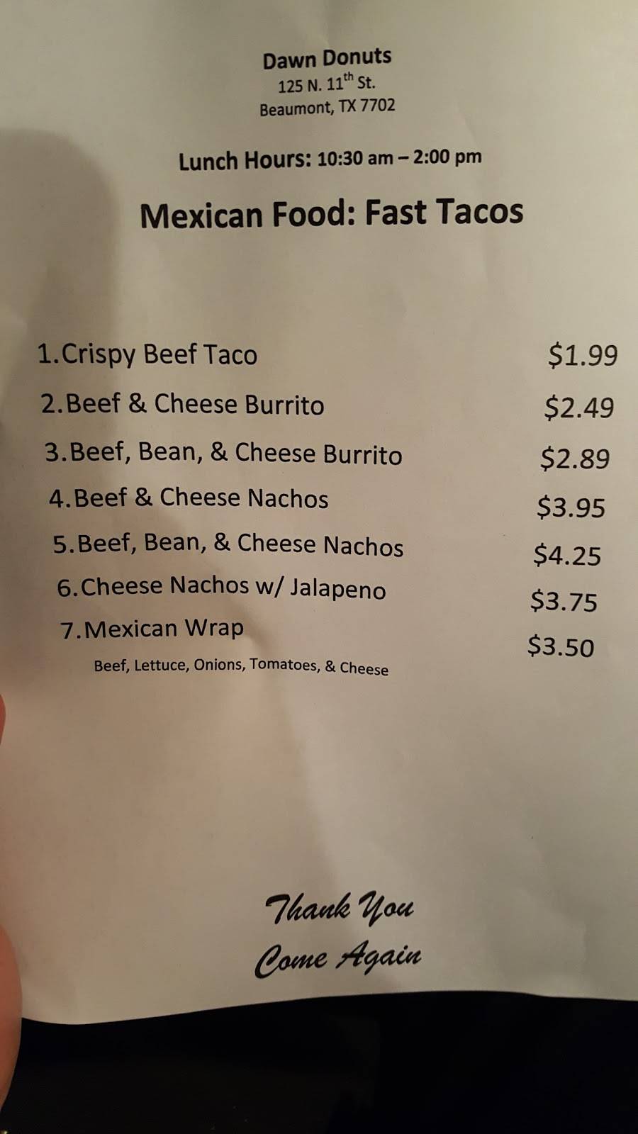 Dawn Donuts | restaurant | 125 N 11th St, Beaumont, TX 77702, USA | 4092129494 OR +1 409-212-9494