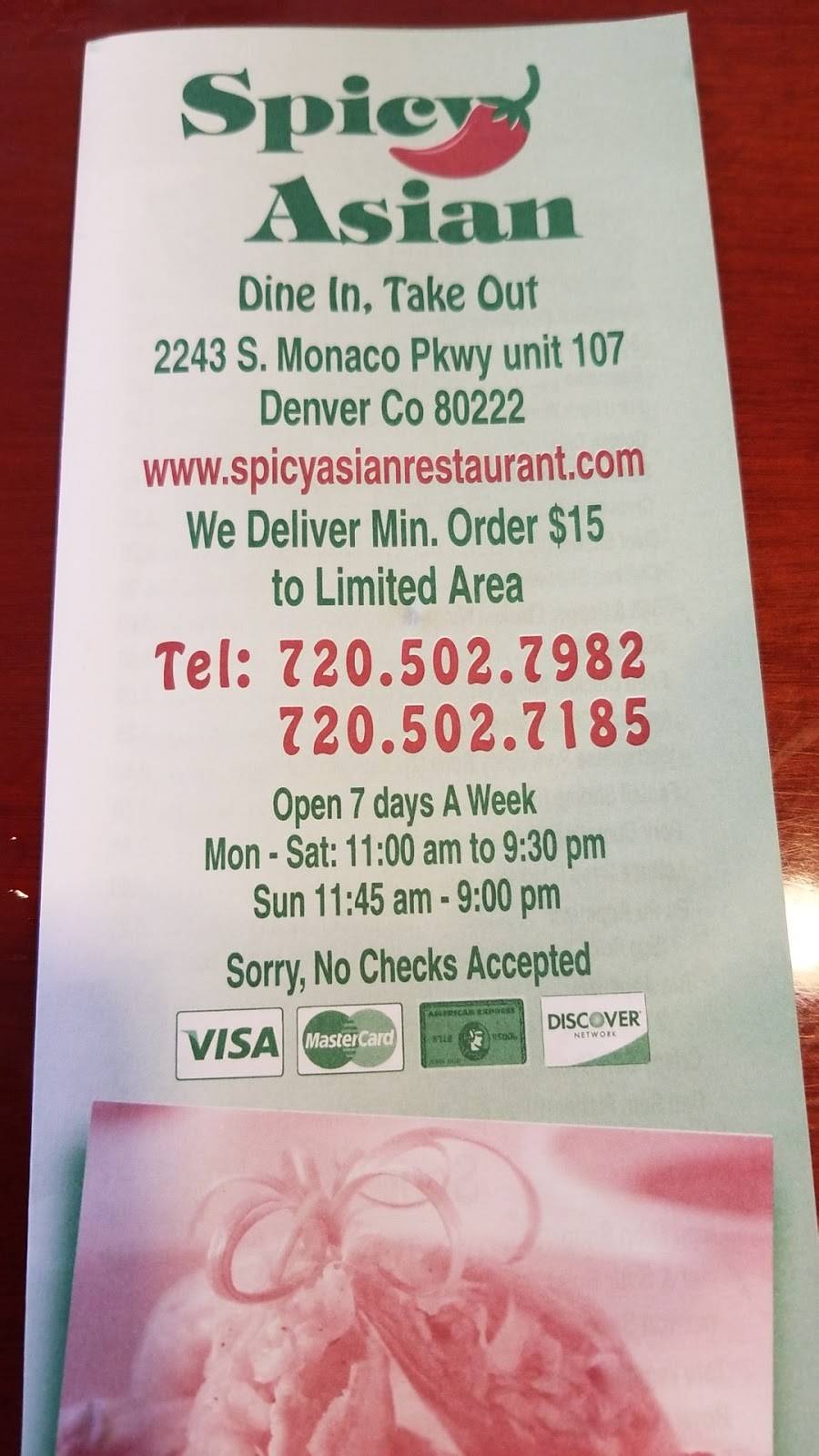 Spicy Asian Restaurant | restaurant | 2243 S Monaco Pkwy unit 107, Denver, CO 80222, USA | 7205027982 OR +1 720-502-7982