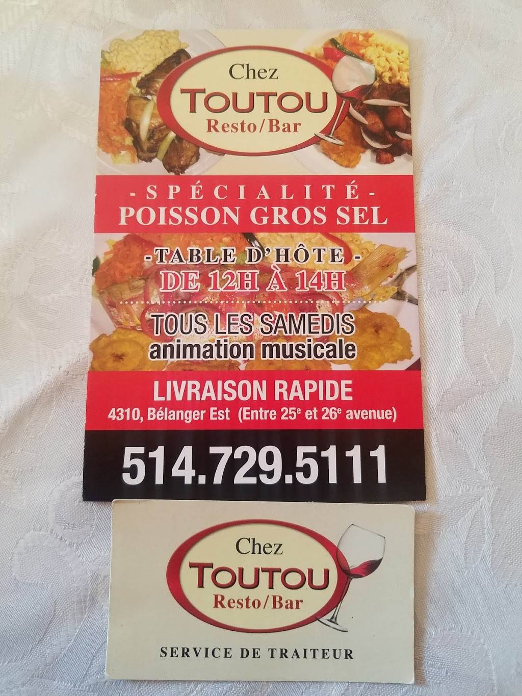 Chez Toutou Resto-bar | restaurant | 4310 Belanger Est, Montréal, QC H1T 1A7, Canada | 5147295111 OR +1 514-729-5111