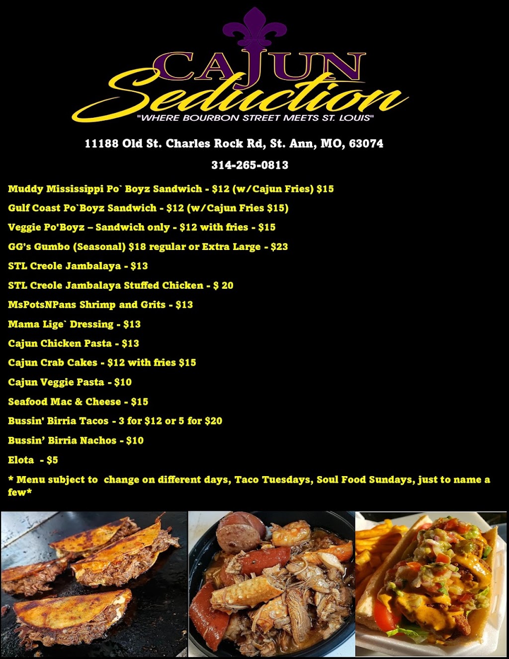 Cajun Seduction | restaurant | 11188 Old Saint Charles Rd, St Ann, MO 63074, USA | 3142650813 OR +1 314-265-0813
