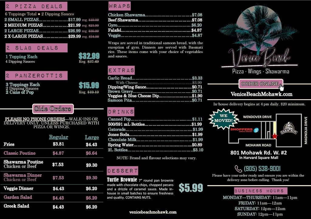 Venice Beach Pizza, Wings & Shawarma | restaurant | 801 Mohawk Rd W Unit #2, Hamilton, ON L9C 6C2, Canada | 9055389001 OR +1 905-538-9001