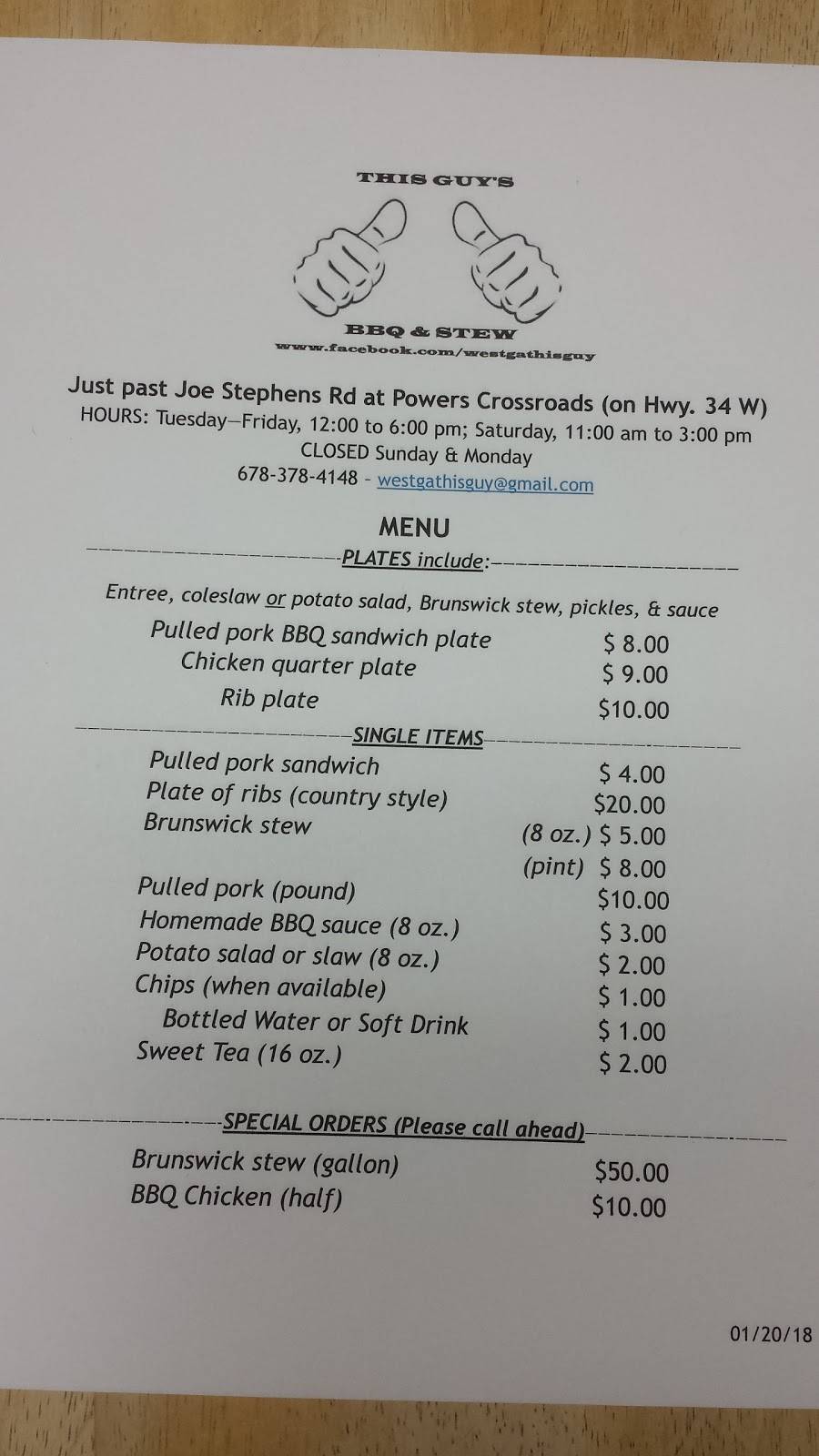 This Guys BBQ And Stew | restaurant | 20661 GA-34, Franklin, GA 30217, USA | 6783784148 OR +1 678-378-4148