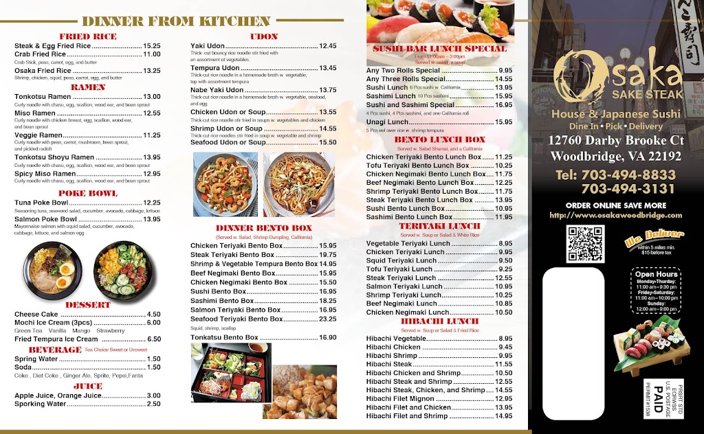 Osaka steak house & japanese sushi | restaurant | 12760 Darby Brook Ct, Woodbridge, VA 22192, USA | 7034948833 OR +1 703-494-8833