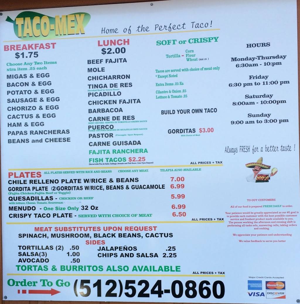 Taco Mex | restaurant | 2611 Manor Rd, Austin, TX 78722, USA | 5125240860 OR +1 512-524-0860