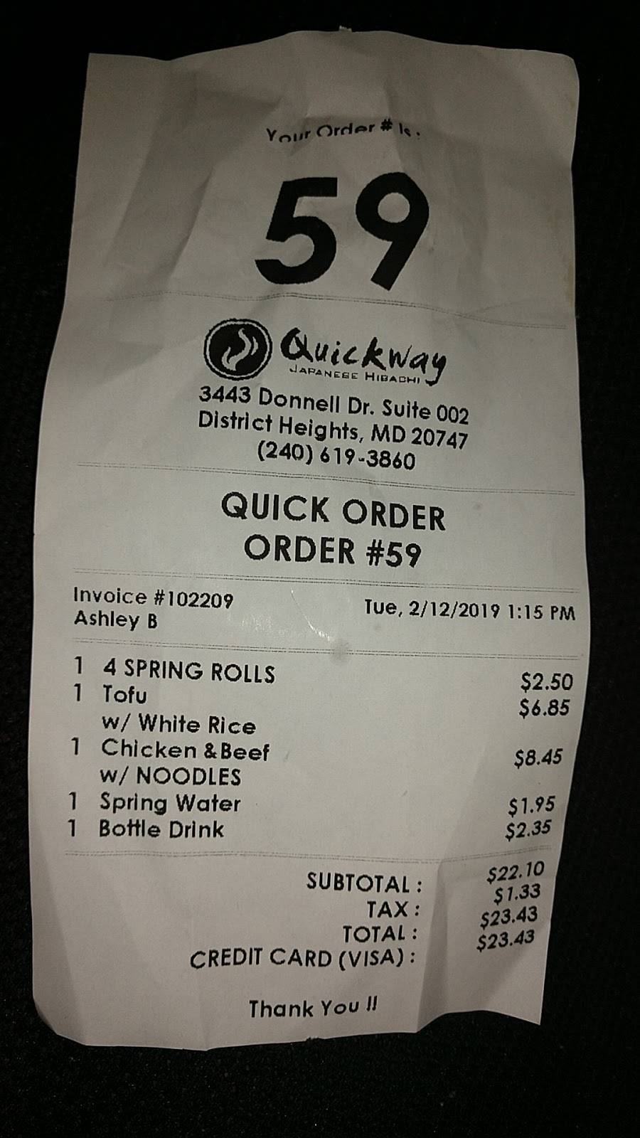 Quickway Hibachi | restaurant | 3443 Donnell Dr, Forestville, MD 20747, USA | 2406193860 OR +1 240-619-3860