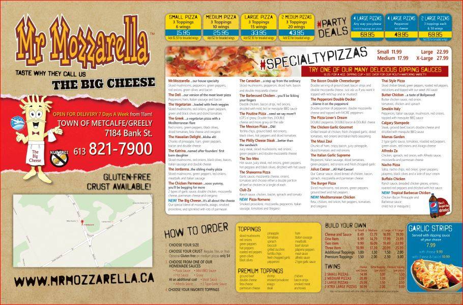 Mr. Mozzarella Pizza and Wings | restaurant | 7184 Bank St, Metcalfe, ON K0A 2P0, Canada | 6138217900 OR +1 613-821-7900