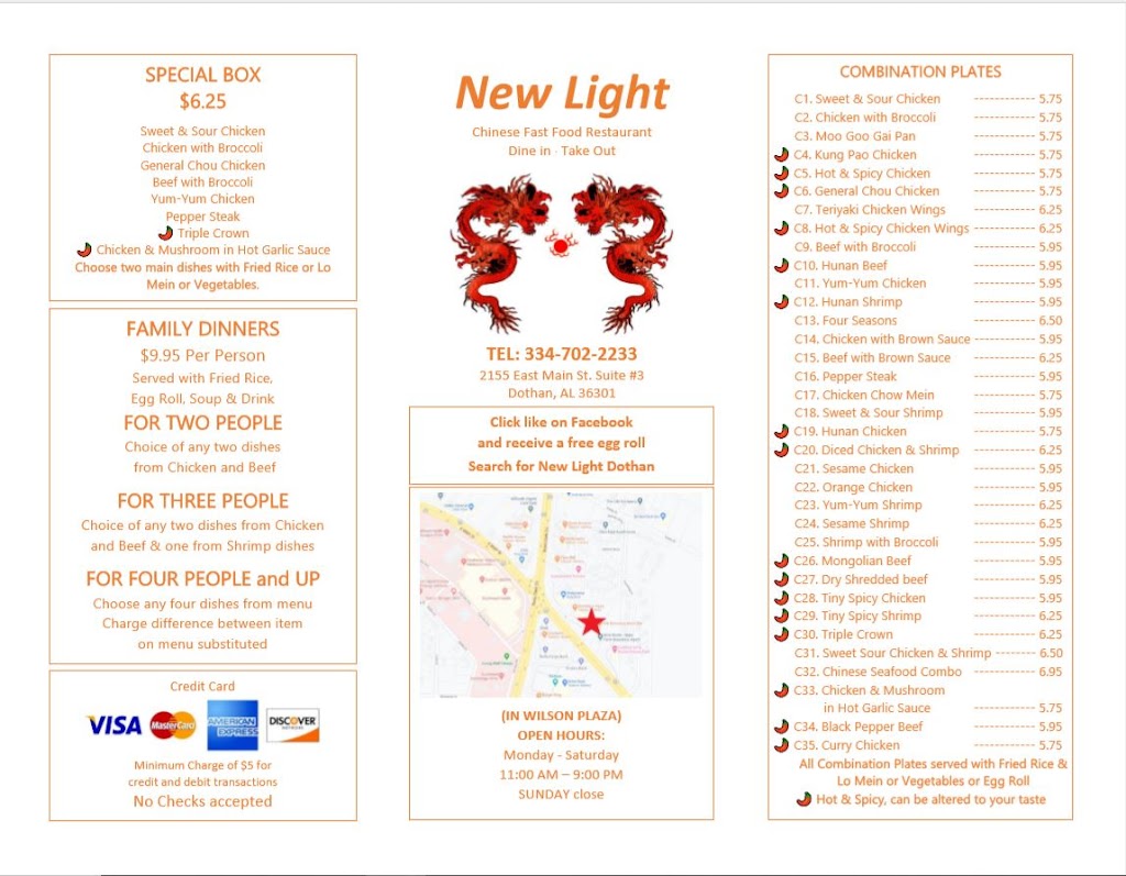 New Light Chinese Restaurant | restaurant | 2155 E Main St Ste 3, Dothan, AL 36301, USA | 3347022233 OR +1 334-702-2233
