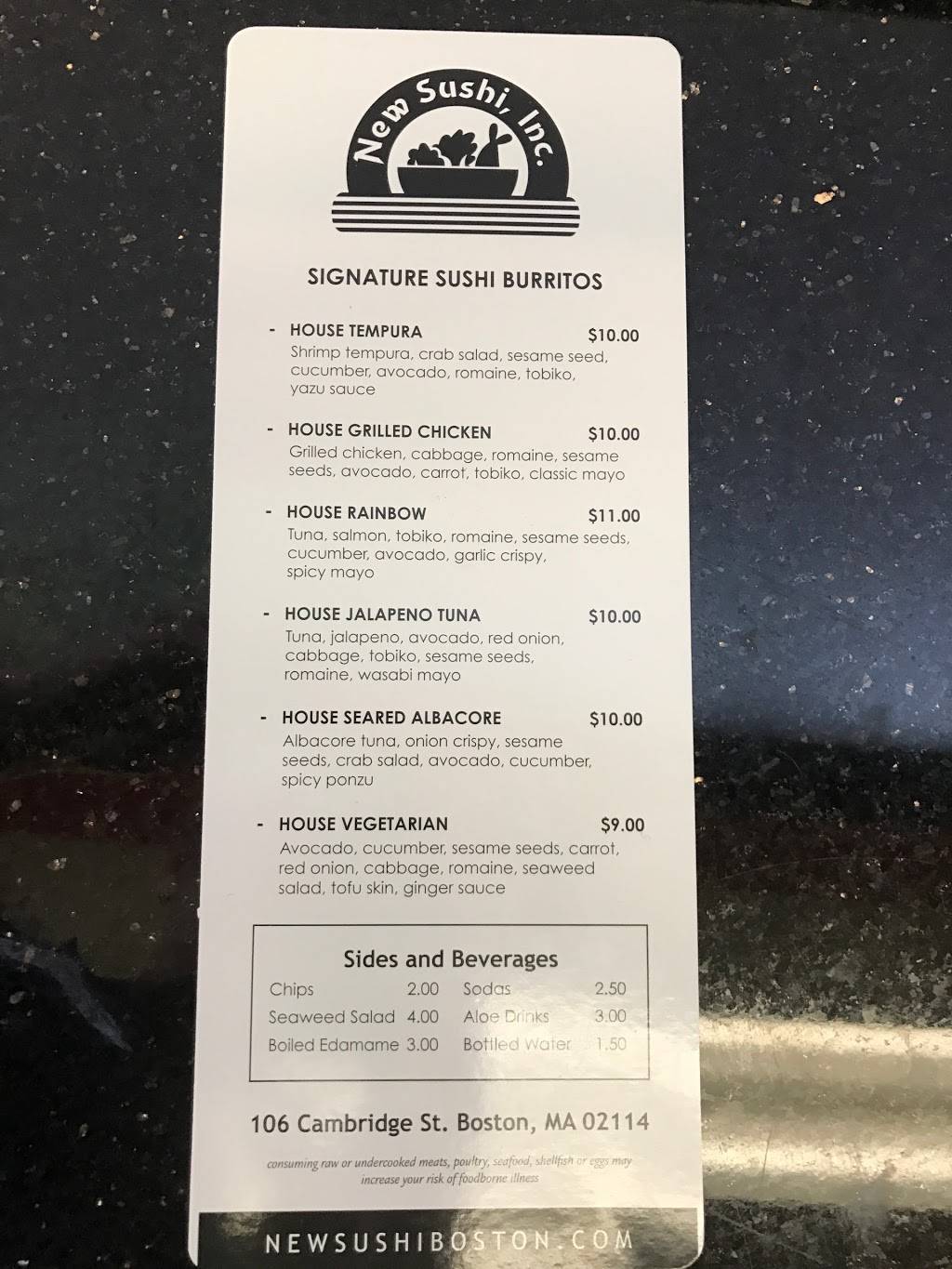 New Sushi Inc | restaurant | 106 Cambridge St, Boston, MA 02114, USA | 8572770981 OR +1 857-277-0981