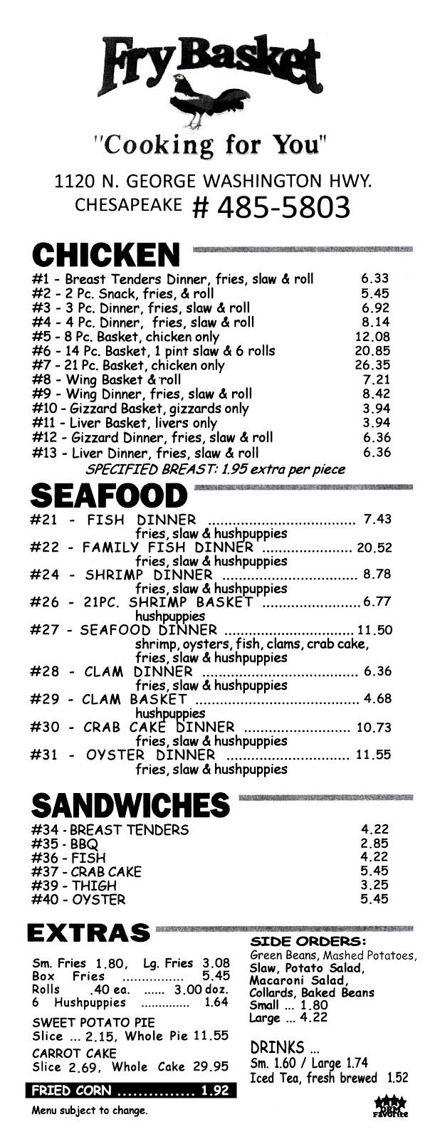 Fry Basket | restaurant | 1120 George Washington Hwy N, Chesapeake, VA 23323, USA | 7574855803 OR +1 757-485-5803